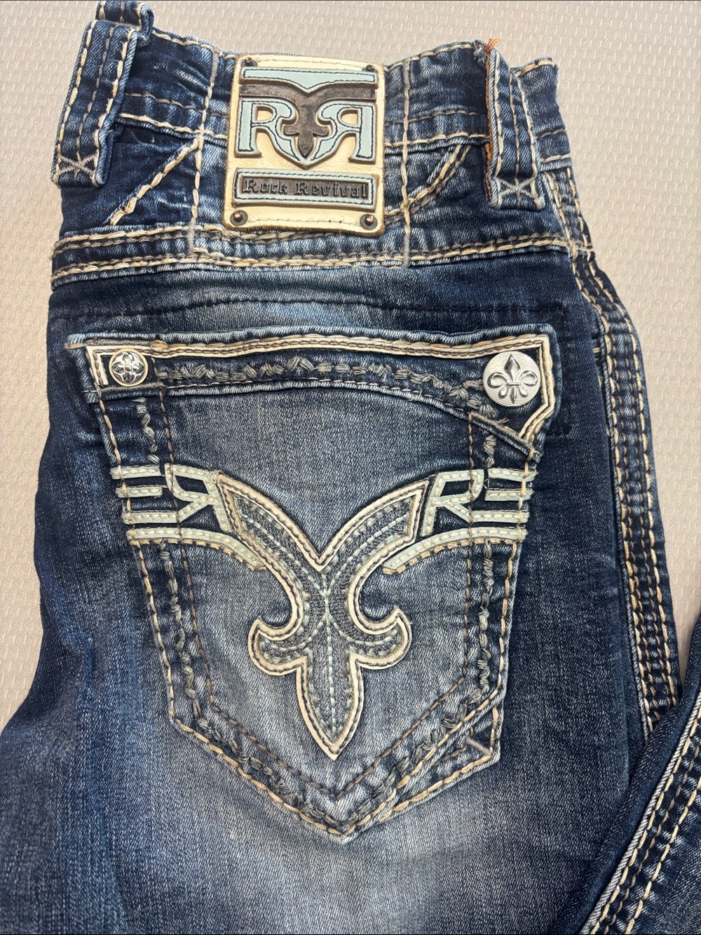 Rock Revival Mens Dark Blue Embroidered Bootcut Jeans 31/32